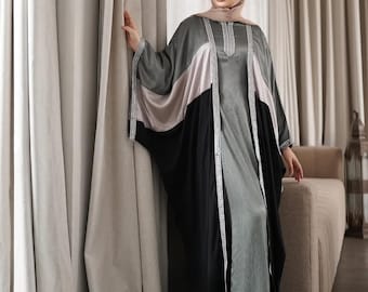 Noura Exclusive Batwing Abaya, Luxury Jet Black Silk Kaftan with India Lace, Dubai Fashion