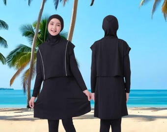 Modest Swimsuit Set with Attached Hijab – Poly Spandex, Sun Protection Swimwear