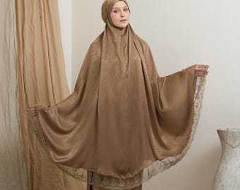 Luxury Lace Silk Prayer Set, Muslim Woman Mukena, Elegant Prayerwear Bag
