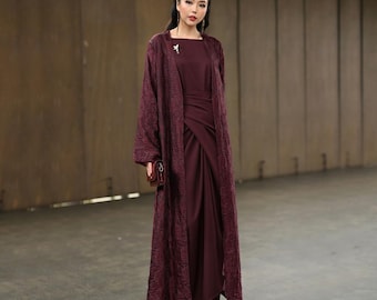 Embroidered Tencel Open Abaya Set, Outer, Silky Inner Dress, Elegant Modest Formal Wear