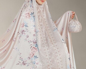 Floral Maxmara Silk Prayer Set – Muslim Robe, Handmade Travel Mukena with Bag