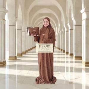 May include: A woman wearing a brown polka-dot prayer outfit, including a head covering and dress, holding a matching bag. The outfit features a repeating dot pattern. The image includes the text "JENNARA" in a stylized font.