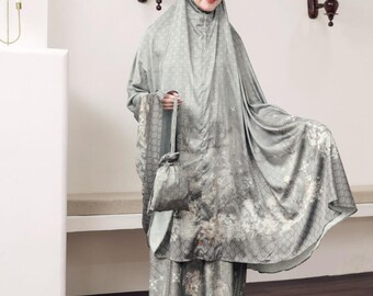 Satin Silk Prayer Set, Floral Muslim Dress with Bag, Kamyadia Series