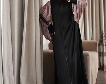 Flowy Jet Black Abaya Kaftan | Elegant Middle Eastern Modest Dress, Full Zipper Outerwear
