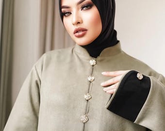 Fatimah Exclusive Abaya | Suede Modest Dress with Lace Detail | Maxi Dress