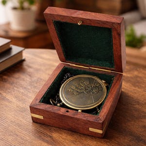May include: A brass compass with a detailed design, housed in a dark wooden box with brass detailing and a green velvet interior. The compass features a compass rose and text, evoking a vintage aesthetic.