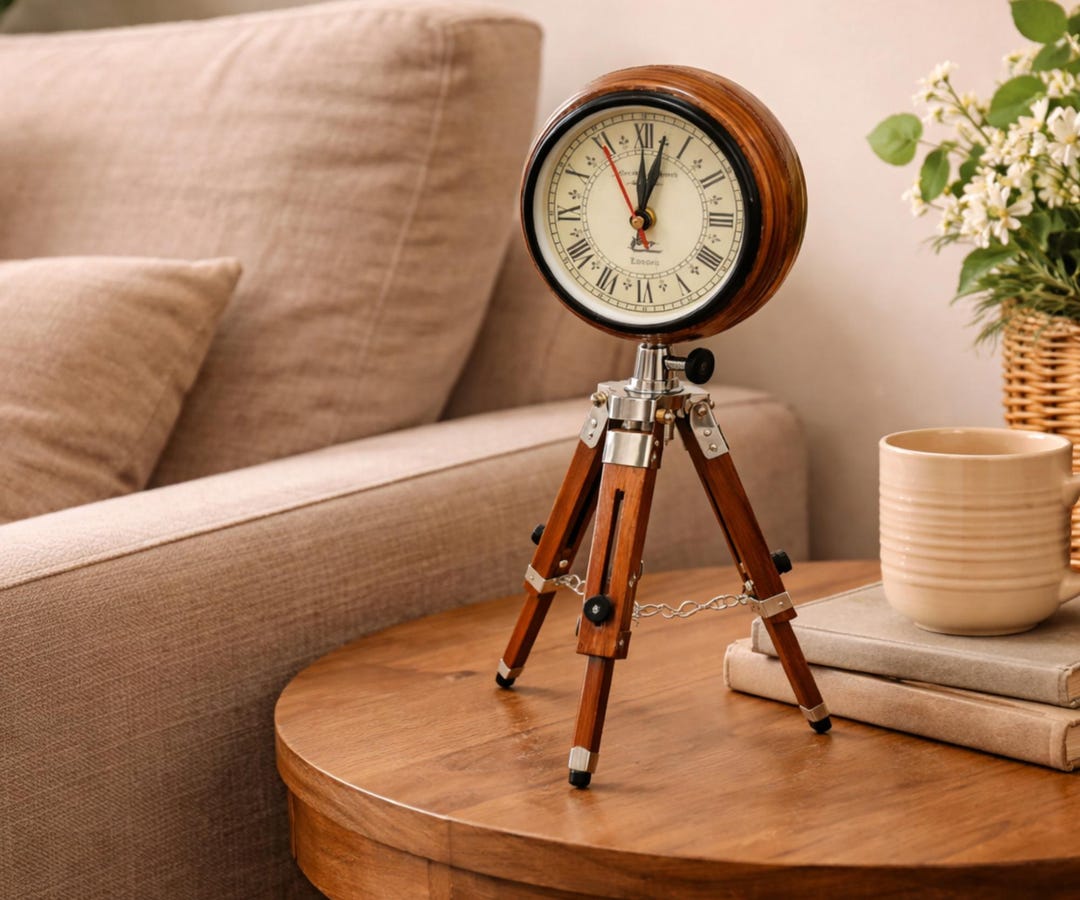 Rustic Timepiece Antique Style Tripod Clock Wooden & Metal Desktop Timepiece Handcrafted ...