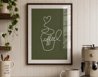 Koffie muurdecoratie, olijfgroene keukenprint, minimalistische koffiebar decoratie, handgetekende lijntekening, printbare caféposter