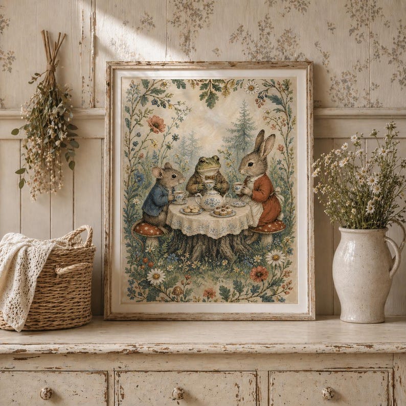 May include: A framed print depicts a whimsical tea party scene with a mouse, frog, and rabbit gathered around a table. The illustration features a forest setting with colorful flowers and a vintage aesthetic. The characters are dressed in human clothing.