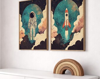 Space Art For Kids Room, Rocket Prints, Space Theme Poster, Modern Kids Decor