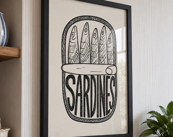 Muurdecoratie met sardines, visprint voor in de keuken, wanddecoratie voor restaurants, kunst voor bistrokeukens, poster met mediterrane kustthema, handgetekende print