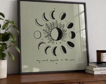 Maanfase muurdecoratie, handgetekende hemelprint, mystieke botanische poster, decoratie met maancyclusmotief, mystiek boho kunstwerk, stemmige maanquote