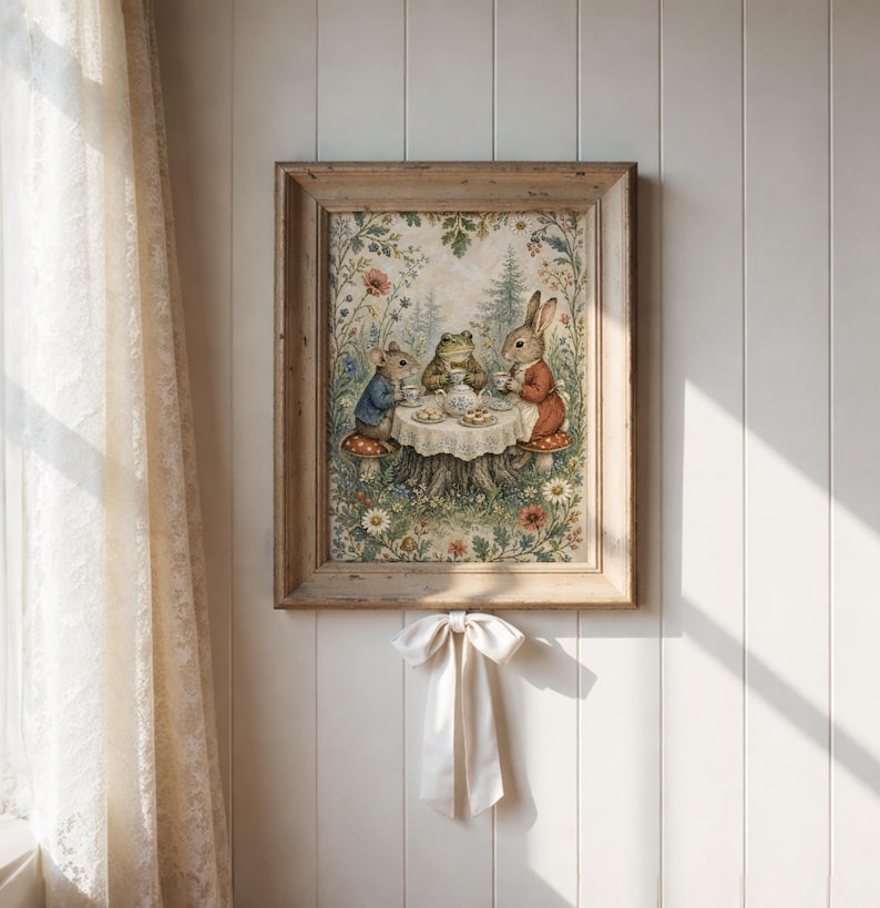 May include: A framed print depicts a whimsical tea party scene with a mouse, frog, and rabbit seated around a table. The artwork features soft colors, a rustic wooden frame, and a floral and forest backdrop. A cream-colored bow hangs below the frame.