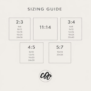 May include: A beige sizing guide with black text. It displays various aspect ratios: 2:3, 11:14, 3:4, 4:5, and 5:7, with corresponding dimensions in inches. The guide includes sizes like 4x6, 8x12, 10x14, and 24x36. A circular logo is at the bottom.