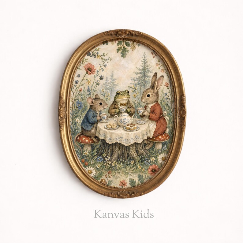 May include: An oval framed print depicts a tea party with a mouse, frog, and rabbit seated around a table. The table is set with a teapot, cups, and cookies. The background features a forest scene with flowers. The frame is gold, and the print is labeled "Kanvas Kids."