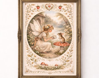 Fairy Wall Art Print, Cottagecore Nursery Decor, Woodland Girl Room Art, Vintage Storybook Illustration