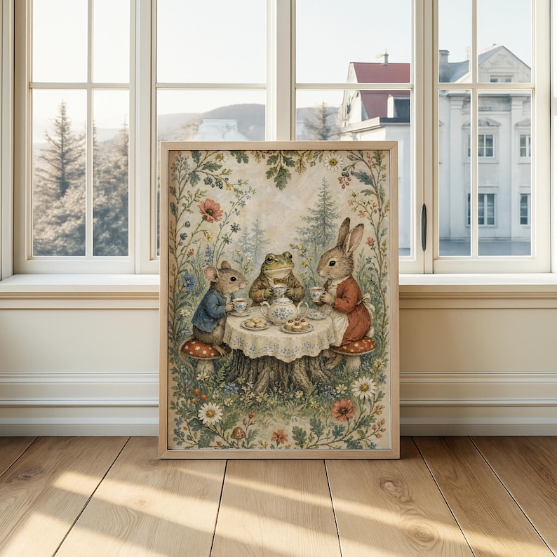 May include: A framed print depicts a whimsical tea party scene. A mouse, frog, and rabbit are gathered around a table set with a teapot and teacups. The scene is surrounded by flowers and foliage, with a light wood frame.