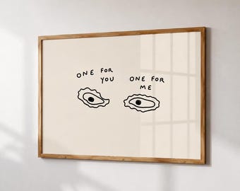 Keukenkunst met oesters, handgetekende kunst met zeevruchten, eigenzinnige voedselposter, kustdecoratie voor de eetkamer, print voor op de barwagen