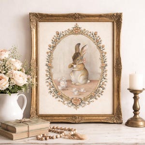 May include: A framed vintage-style print featuring a rabbit enjoying tea. The artwork is set within an oval floral frame, and the gold frame adds a touch of elegance. A white candle and a bouquet of roses are also visible.