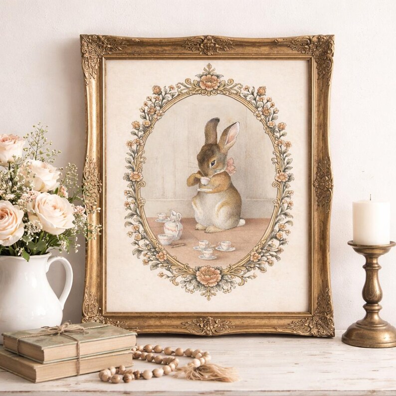 May include: A framed vintage-style print featuring a rabbit enjoying tea. The artwork is set within an oval floral frame, and the gold frame adds a touch of elegance. A white candle and a bouquet of roses are also visible.