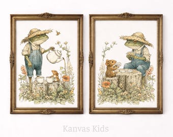 Set van 2 muurdecoraties met kikkers voor de kinderkamer, prints met bosdieren voor de kinderkamer, cottagecore illustratie