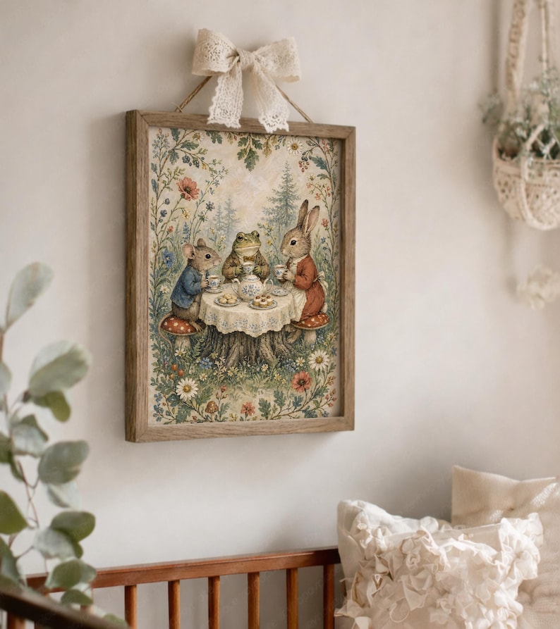 May include: A framed print depicts a whimsical tea party scene with a mouse, frog, and rabbit seated around a table. The artwork features a rustic wooden frame, a cream-colored lace bow, and a floral and forest background. The characters are dressed in vintage clothing.