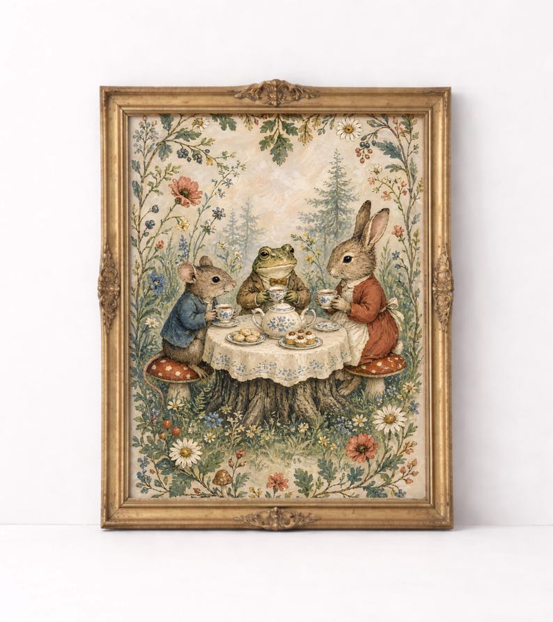 May include: A framed vintage-style print depicts a tea party with anthropomorphic animals. A mouse, frog, and rabbit are gathered around a table set with a teapot, cups, and pastries. The scene is framed by a gold-colored ornate frame.