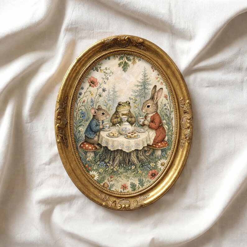 May include: An oval, gold-framed artwork depicts a tea party scene with anthropomorphic animals. A mouse, frog, and rabbit are seated around a table set on a tree stump, enjoying tea. The background features a floral and forest landscape.