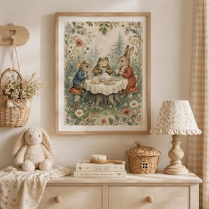 May include: A framed print depicts a whimsical tea party scene with a mouse, frog, and rabbit seated around a table. The illustration features a soft color palette with floral and forest elements, creating a charming, storybook aesthetic.