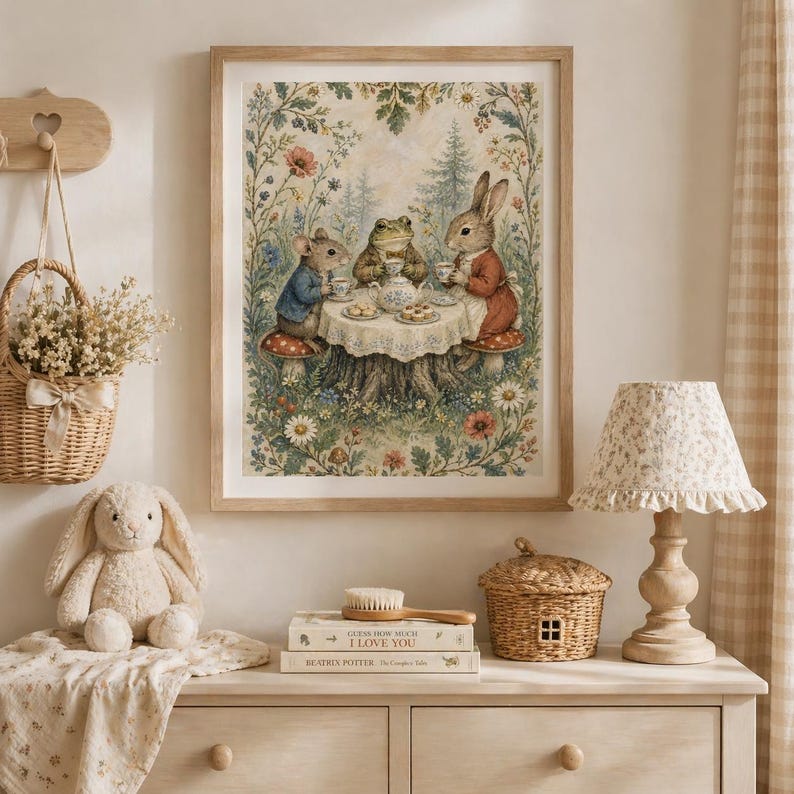 May include: A framed print depicts a whimsical tea party scene with a mouse, frog, and rabbit seated around a table. The illustration features a soft color palette with floral and forest elements, creating a charming, storybook aesthetic.