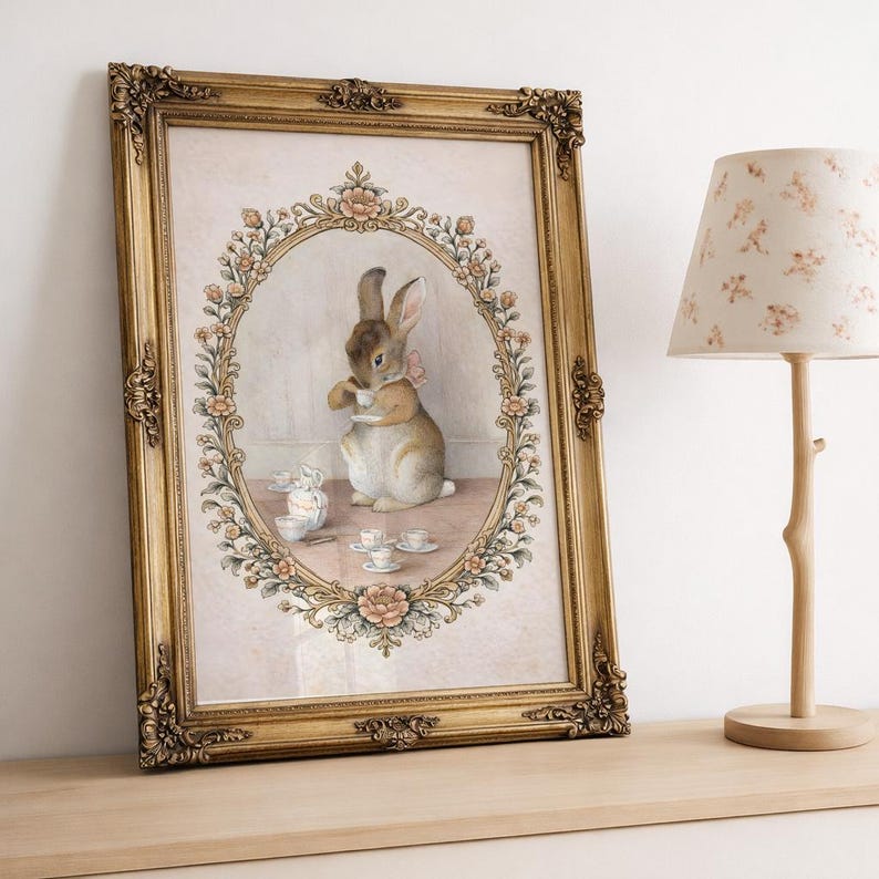 May include: A framed print featuring a rabbit enjoying tea, set within an oval floral border. The artwork has a vintage aesthetic, with a gold ornate frame and a soft color palette of beige, pink, and brown. A lamp with a floral lampshade is to the right.