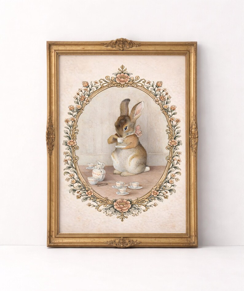 May include: A framed print featuring a watercolor illustration of a rabbit enjoying tea. The rabbit is wearing a pink bow and is surrounded by teacups and a floral border. The frame is gold-colored.