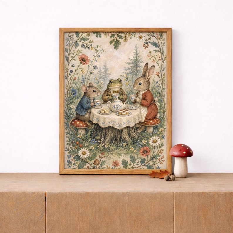 May include: A framed print depicts a whimsical tea party scene. A mouse, frog, and rabbit are seated around a table set on a tree stump, enjoying tea and pastries. The artwork is surrounded by a floral border, creating a charming, storybook aesthetic.