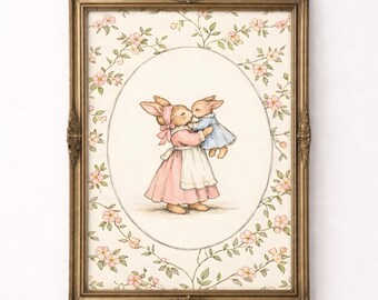 Mama Bunny Nursery Art, Mother Baby Rabbit, Vintage Floral Wall Print