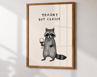 Grappige wijnprint, eigenzinnige keukenmuurdecoratie, poster voor op de barwagen, wijndecoratie met dieren, handgetekende wasbeerkunst