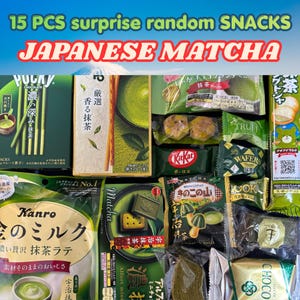 May include: A collection of 15 assorted Japanese matcha-flavored snacks, including Pocky, KitKat, and various individually wrapped treats. The assortment features green packaging with imagery of matcha tea, tea leaves, and chocolate snacks.