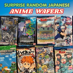 May include: Eight rectangular snack packages featuring various anime and game themes including Monster Hunter, Digimon, Minecraft, Haikyuu, and others. Each package displays colorful character illustrations, Japanese text, and the Bandai Namco logo.