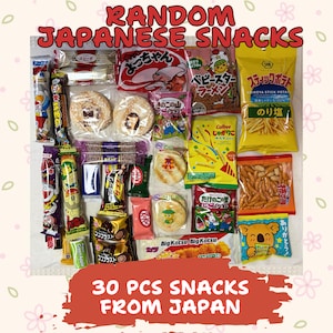 May include: A collection of 30 assorted Japanese snacks in various colorful packages. The image includes text that reads "Random Japanese Snacks" and "30 PCS Snacks From Japan."