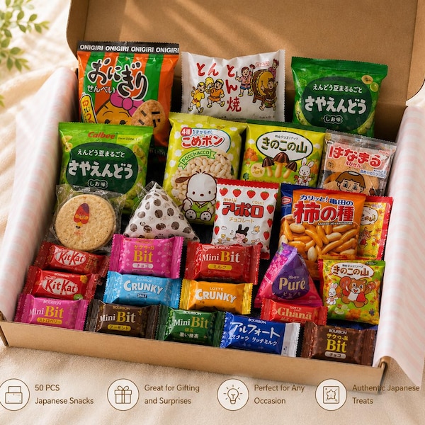 Curated Japanese Snack Gift Box, 50 Handpicked Japanese Snacks & Sweets, Assorted Crackers, Candies and Chocolates, Japan-Inspired Gift