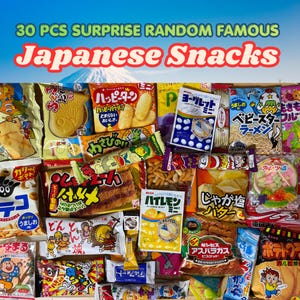 May include: A collection of 30 assorted Japanese snack packages featuring colorful wrappers with various illustrations, Japanese text, and branding. The assortment includes items like fish-shaped cakes, savory crackers, and candies.