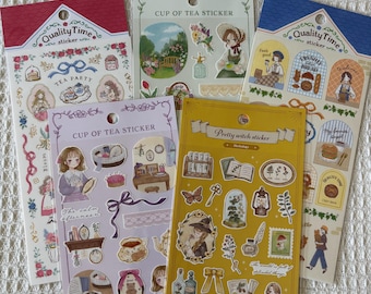 Wyprodukowano w Japonii, Arkusze naklejek Kawaii Ribbon, Japoński album ze zdjęciami, Naklejki w kształcie zabytkowych filiżanek herbaty