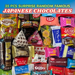May include: A collection of 35 assorted Japanese chocolate snack packages featuring various brands and flavors. The assortment includes colorful wrappers with text such as KitKat, Bourbon, Meiji, and Lotte, showcasing diverse graphic designs and branding.