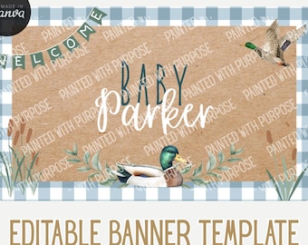 Bearbeitbare Bannervorlage, Enten-Babyparty, Stockente, gemaltes Banner Mockup, digitale Canva-Vorlage, handgemaltes Banner, Ententhema