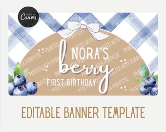 Bearbeitbare Bannervorlage, Beere erster Geburtstag, erster Geburtstagsbanner, bemaltes Bannermodell, digitale Canva-Vorlage, bemaltes Banner, Beeren