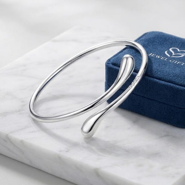 Pulsera tipo brazalete de plata de ley, brazalete abierto con forma de gota de agua, regalo de joyería minimalista para ella.