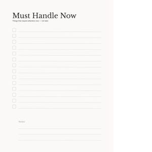 Doit manipuler maintenant imprimable | Liste des tâches urgentes PDF | Feuille de concentration quotidienne minimale | Liste des tâches à accomplir pour la charge mentale | Administrateur silencieux