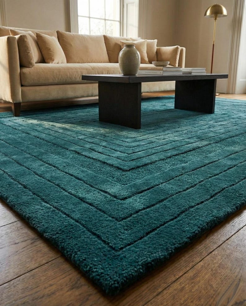 Teal Pattern Rug Texture Dark Teal Hand Tufted Rug,bordered Pattern,handmade Wool Rug ...