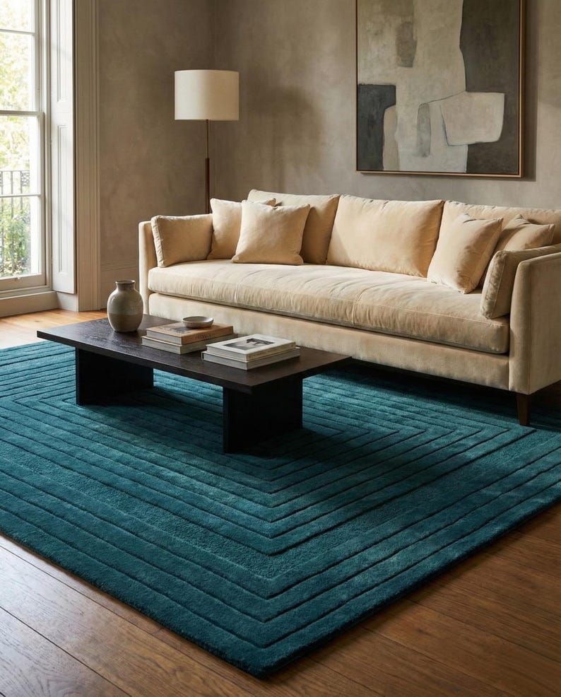 Teal Pattern Rug Texture Dark Teal Hand Tufted Rug,bordered Pattern,handmade Wool Rug ...