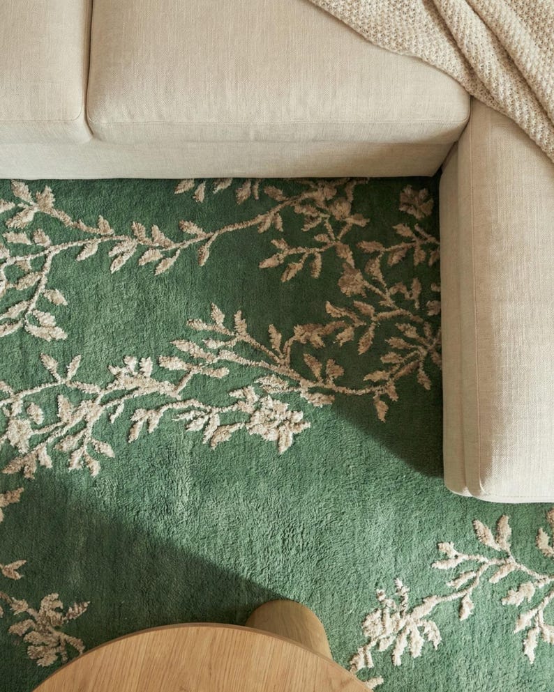 Botanical Vine Green Rug, Modern Hand Tufted Rug, Contemporary Handmade ...