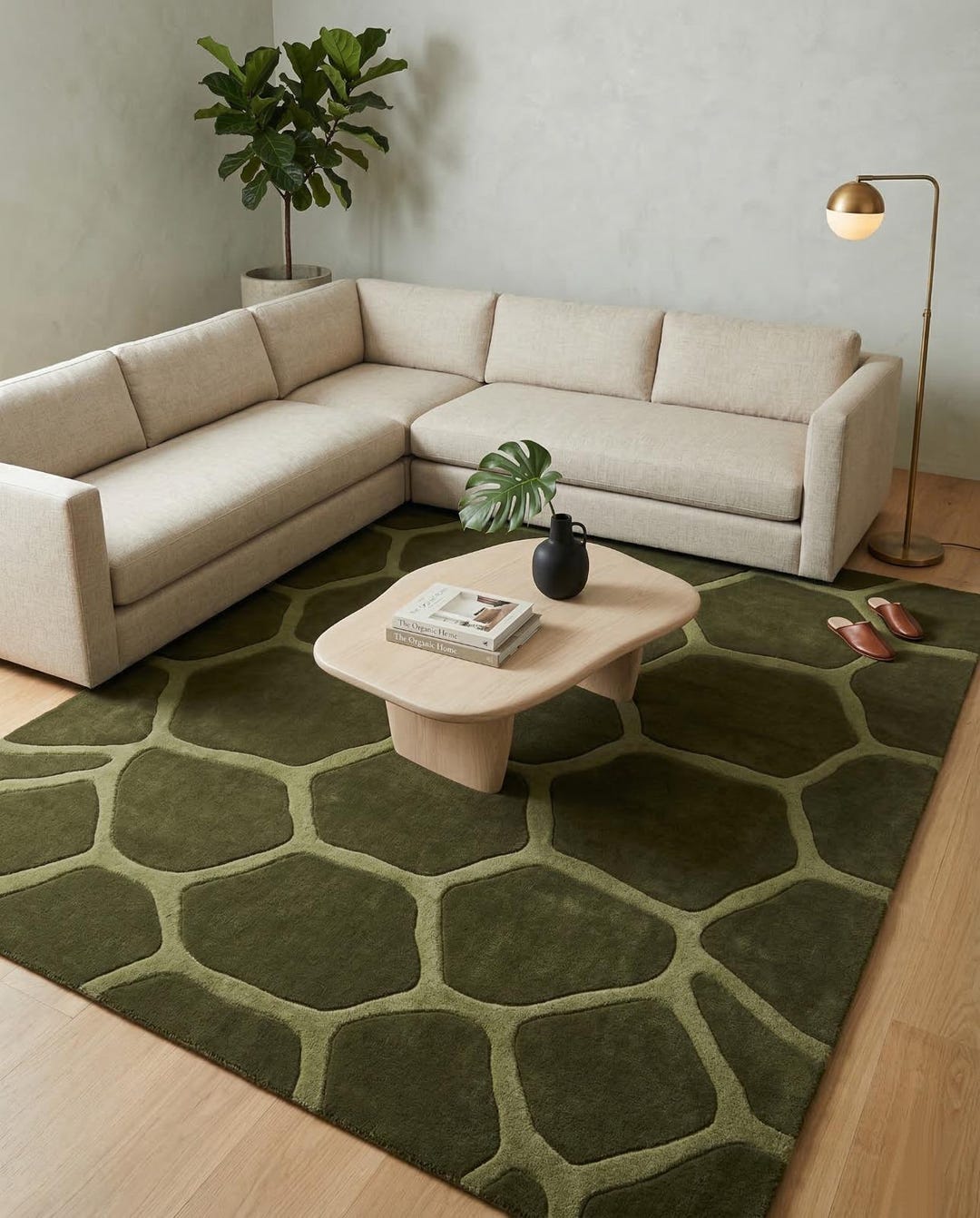Turtle Shell Pattern Hand Tufted Rug, Muted Olive Green Accent, Animal ...